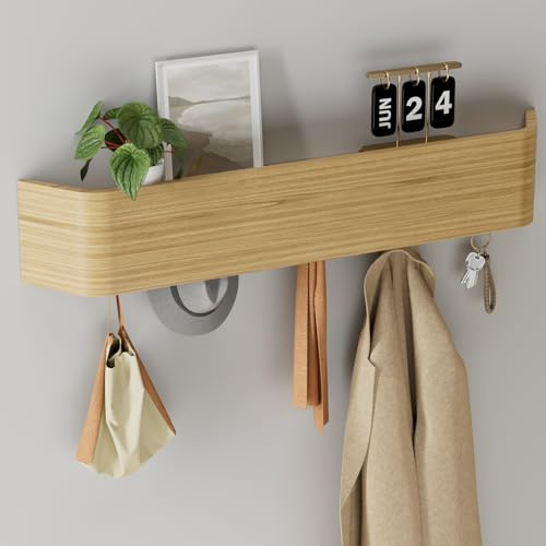 Huracan Wandgarderobe Holz Modern 57cm, Garderobenleiste Wandmontage Eiche, Garderobenhaken, Wandgarderobe mit Verdeckten Haken für Flur & Wohnzimmer, Platzsparende Garderobe Wand