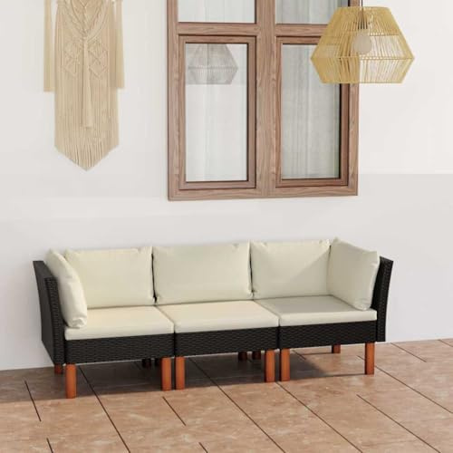 3-Sitzer Rattan-PE Gartensofa schwarz, mit Kissen und pulverbeschichtetem Stahlrahmen, Beine Eukalyptusholz, bequeme Polyrattan Sitzfläche