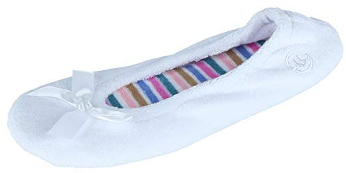 Isotoner Women's Terry Ballerina Slipper, White Stripe, 4.5/5.5 UK