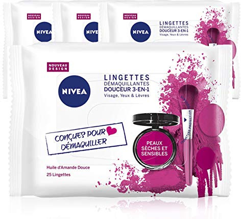 NIVEA Lingettes Démaquillantes Douceur 3-en-1 (4 x 25 ST), Démaquillant 3-en-1 peaux sèches et sensibles à l'huile d'amande douce, Nettoyant visage, yeux & lèvres