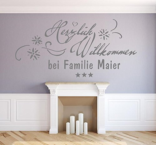 XL Wandtattoo mit Namen, Nachname, Familienname ~ Herzlich Willkommen bei Familie ~ Türaufkleber, Eingang, Flur, 73034-120x58cm-schwarz, Namensaufkleber Wandaufkleber Wandtatoos Sticker Aufkleber für die Wand, Tapetensticker, Tattoo aus Markenfolie mit Wunschname, in 32 Farben wählbar