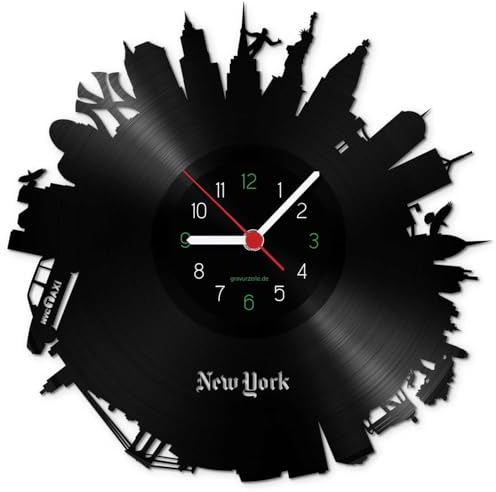 GRAVURZEILE Schallplattenuhr - Skyline New York 2018 - Wanduhr aus gegossenem Vinyl mit Stadt Skyline 30 cm - Upcycling Design-Uhr Wand-Deko Vintage Wand-Dekoration Retro-Uhr - Made in Germany