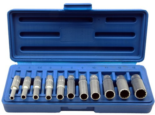Alkan 1/4 Stecknuss Satz 4-13 mm 11-tlg lang CV-Stahl Nusskasten | Lange Steckschlüsseleinsätze 1/4 aus Chrom-Vanadium-Stahl, Größen 4-13 mm, inkl. robuster Kunststoffbox
