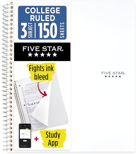 Five Star Spiralnotizbuch + Lern-App, 3 Fächer, College-Papier, bekämpft Tintenblutung, wasserabweisender Einband, 21,6 x 27,9 cm, 150 Blatt, Weiß (72464)