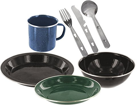 Enamel Camping Eating Set - Includes Knife, Fork, Spoon Set, Plate,Soup Plate Mug & Bowl (Navy)