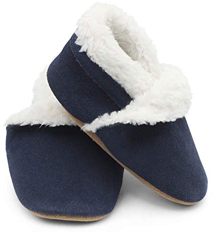 Dotty Fish Pantofole a Piedi Nudi in Pelle Scamosciata per Neonati e Bambini – Foderate in Pile, Antiscivolo, Leggere e Flessibili - Consigliate dai Podologi - blu navy 2-3 Anni