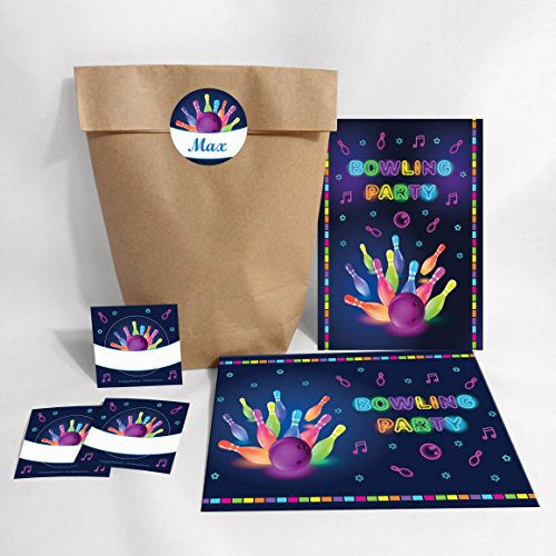 JuNa-Experten 8-er Set Einladungskarten, Umschläge, Tüten, Aufkleber zum Kindergeburtstag Bowling für Mädchen und Jungen/Erwachsene/bunte Einladungen zum Geburtstag/Geburtstagseinladungen