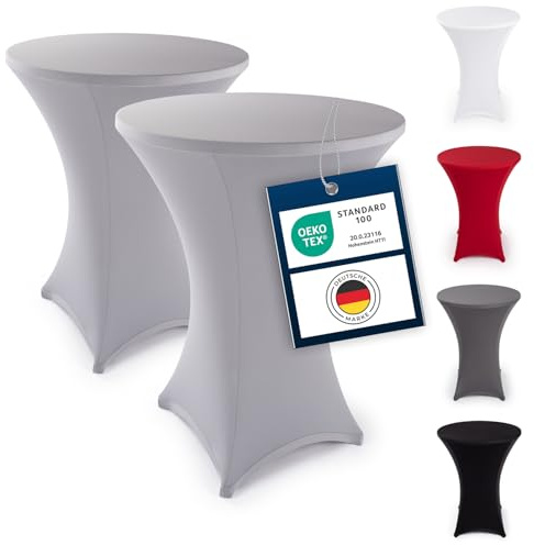 Blumtal 2er Set Stretch Stehtisch Hussen Bügelfrei - Oeko -TEX zertifizierte Tischhussen für Stehtische Ø 80 – 85 cm - Verstärkung im Fußbereich - waschmaschinengeeignet - Silbergrau