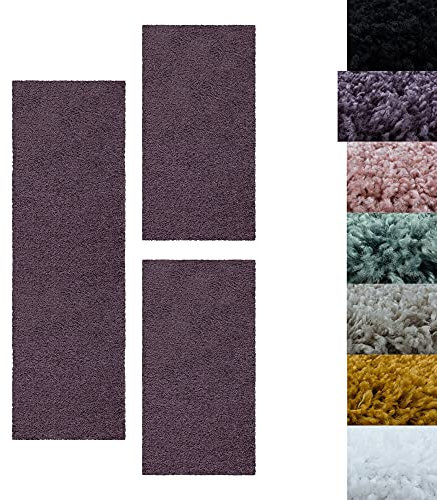 SIMPEX Bettumrandung Schlafzimmer 3teilig Shaggy Hochflor Teppich Violett Bettset: 2 mal 60x110 + 1 mal 80x250 - Schlafzimmer Teppich 3 Teilig Läufer Extra Weich Flauschig Bettvorleger Läuferset Halı
