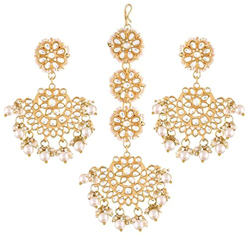 Aheli Indian Traditional Kundan Pearl Maang Tikka with Earrings Set Gift for Women Ethnic Jewelry White