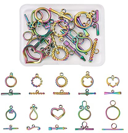Craftdady 10pcs Sets Rainbow Steel Toggle Clasps Round Heart Ring Buckle T Bar Closure End Clasps for DIY Bracelet Necklace Jewelry Making, Mixed Styles Multi-Color
