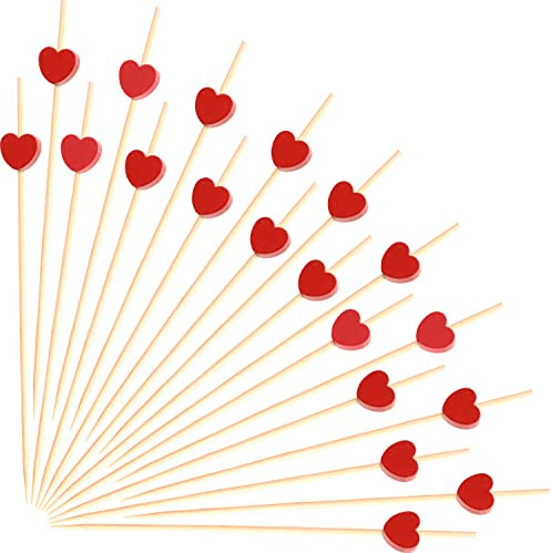 100pcs Red Heart Cocktail Picks 4.7 Long Fruit Sticks Food Toothpicks Sandwich Appetizer Charcuterie Skewers, Handmade of Bamboo Wood, for Birthday, Wedding, Valentines Day Decoration Party Supplies