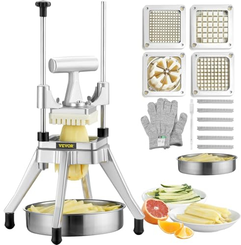 VEVOR Commercial Vegetable Fruit Chopper, Stainless Steel French Fry Cutter w/ 4 Blades 1/4 3/8 1/2, Vegetable Chopper Dicer w/Stainless Bowl, Heavy Duty Cutter for Potato Tomato Onion Mushroom