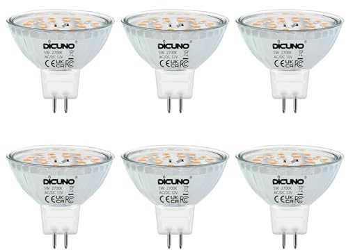 DiCUNO MR16 LED Light Bulbs, GU5.3 Spotlight Bulb Dimmable, 12V DC 5W Equivalent to 50W Halogen, Warm White 2700K, 440LM, 120° Beam Angle Bi-Pin Base Track Light, 6 Packs