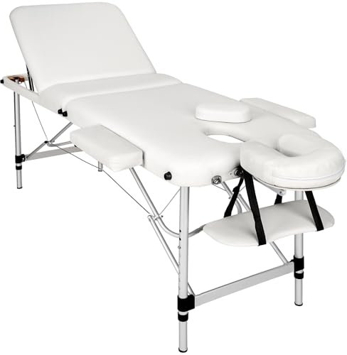 tectake® Lettino Massaggio Portatile, 3 Zone, in Alluminio, Gommapiuma, Rivestimento in Pelle Sintetica PVC, Regolabile - lettino fisioterapia, Lettino pieghevole, Lettino Estetista, 210x95cm - bianco