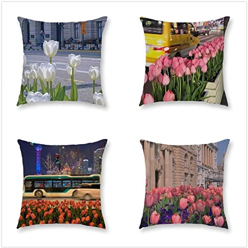 Tinnoon Kissenbezug 45x45cm 4er SetBoho Wohnzimmer Outdoor Deko, Schlafzimmer Zimmer Dekor Kissenhülle Kissenbezüge mit Verstecktem Reißverschluss, Couchkissen, Sofakissen Weinachten Stadt-Tulpe