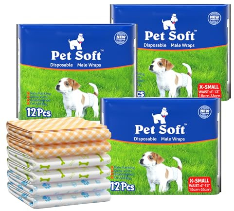 Pet Soft Hundewindeln - Einweg-Hundewindeln für Rüden, Welpenwindeln, Inkontinenz-Windeln für Rüden,36 Stück, super saugfähige,geeignet für Hunde in der Saison, Inkontinenz, Reisen, XS(6-13’’)