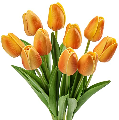 Hollyone Künstliche Tulpen, künstliche Blumen, orangefarbene künstliche Tulpen, die echt aussehen, realistische künstliche Blumen für Heimdekoration, künstliche Blumen für Handwerk, Garten, Hochzeit