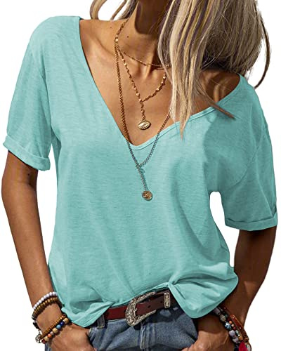 Tankaneo Camiseta básica de manga corta con cuello en V profundo para mujer, menta, M