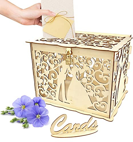 THATSRAD Scatola di Carte di Nozze in Legno Scatola per Biglietti di Nozze con Serratura Scatol a di Nozz e Legno con Coperchio per Matrimoni Feste di Fidanzamento e Cartoline Regalo, 24,8x19,8x18,7cm