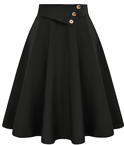 Belle Poque Jupe Plissée Rétro Femme Midi Jupe avec Poches Latérales pour Cocktail Soirée M Noir