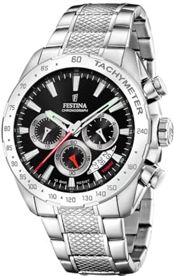 Festina Montre Homme Analogique en Acier Inoxydable 316L Argenté - Mouvement Quartz - Chronographe - Calendrier - Verre Minéral Résistant - Étanche 10 ATM F20668/4 Timeless Chronograph