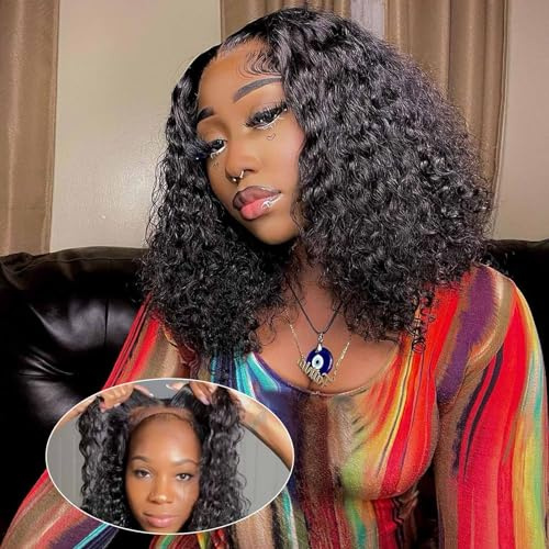 omswet Curly BOB Wig Human Hair 200 Density 5x5 HD Lace Closure Deep Wave Wigs for Black Women Glueless Wear and Go Pre Plucked Deep Wave Wet and Wavy Glueless Wigs Human Hair Natural Black 14 Inch