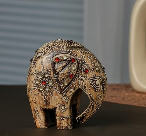 Purpledip Holzfigur Elefant Vintage Finish zeitgenössisches Schaustück mit glitzernden Perlen (12717)