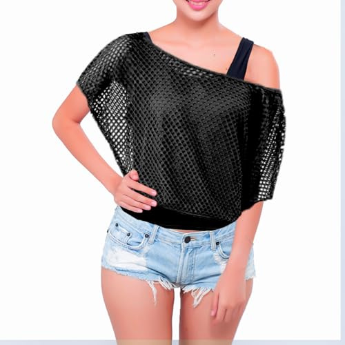 Kostüm 80er Jahre Damen,80er 90er Jahre Outfit Damen Neon Netzshirt,Tank Top, 80er Aerobic Kostüm,Bad Taste Outfit Damen,90er Jahre Neon Party Outfit Mottoparty Accessoires Karneval (Schwarz, M)