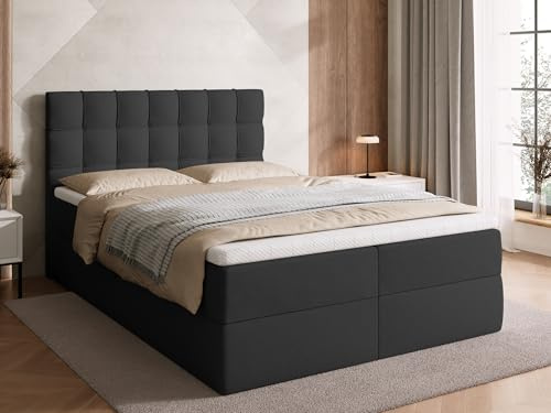 BROMARKT Boxspringbett 140x200cm mit Topper und Bettkasten H3 Dunkelgrau | Doppelbett für Schlafzimmer mit Bonell Matratze Stauraum und gepolsterte Kopfstütze Bett Bed Einzelbett Federkern DETROIT