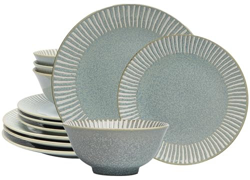 Bzyoo Service de table 12 pièces en céramique bleue Bali Breeze, Assiettes élégantes pour toutes les occasions – Passe au micro-ondes et au lave-vaisselle – Empilable