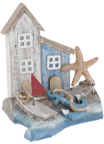 Shudehill Giftware Sandy Bay - Decorazione ornamentale per casa sulla spiaggia, design rustico a tema con faro, ancora, casa di tronchi e altro (due case medie)