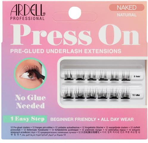 Ardell Press On Pre-Glued Underlash Eyelash Extensions, Naked Natural Cluster Lashes Kit, Beginner-Friendly DIY Lash Extension Kit, Assorted Lengths, Mini Pack, 12 Lash Clusters