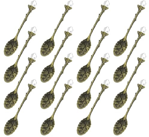 sourcing map 16 Pcs Retro Spoons, 4.3 Inch Crystal Alloy Coffee Spoons,Vintage Carved Tea Spoon Leaf Flower Pattern Dessert Spoon Ice Cream Spoons for Stirring Mixing Cyan