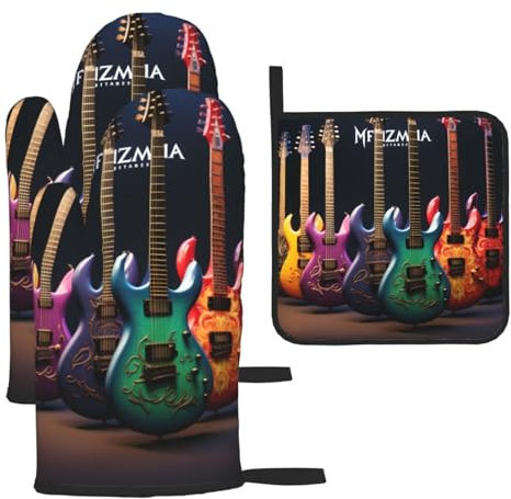 YYHHAOFA Lot de 3 gants de cuisine imperméables et durables pour four et manique pour isolation thermique et anti-brûlure Motif guitare