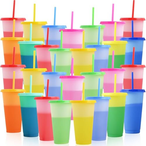 30 Stück Plastikbecher mit Deckel und Strohhalm, wiederverwendbare Becher, Farbwechselbecher für Partys, Geburtstage, Eiskaffeebecher, Reisebecher, Becher für Kaltgetränke, Großpackung mit 710 ml