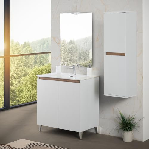 Inbagno Mobile bagno a terra 80 cm bianco e rovere africa con 2 ante battenti soft-close, lavabo in ceramica e specchio reversibile 60x80 cm, KLEO