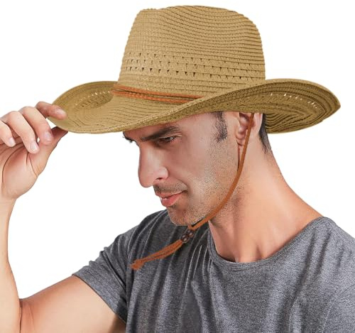 FakeFace Cowboy Straw Sun Hat Wide Brim Fedora Panama Bucket Cap UV Protection Vacation Sunhat Foldable Beach Vintage Western Hat