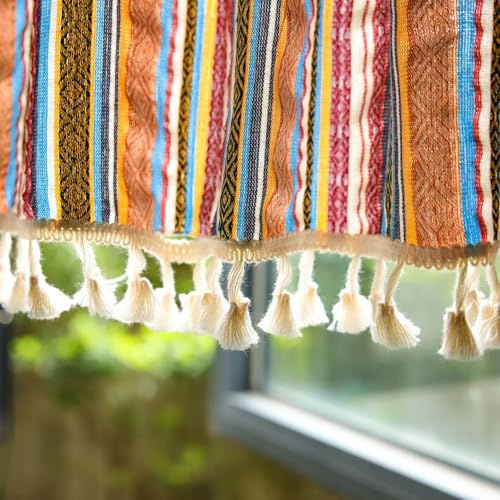 AMDXD Scheibengardine Voile Bistrogardine Ösen Orange Rot Blau, 132x80cm Vertikal Geometrisch Streifen Muster mit Quaste Küchengardine Fenster 1 Teiliges, Baumwolle Leinen Sheer Voile Vorhänge