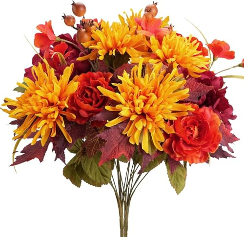 HUAESIN 2PCS Künstliche Blumen Herbst Chrysanthemen Künstlich Hortensien Kunstblumen Deko Dahlien Künstlich Herbstblumen Herbststrauß mit Früchten für Herbstdeko Tischdeko Hochzeitsdeko (Orange)