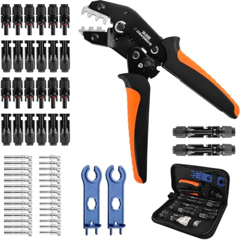 QOUBNIC Kit de Pince à Sertir Solaire, Kit d'Outils de Sertissage Solaire pour Câbles PV de 2,5/4/6 mm² 12 Paires de Connecteurs Mâle/Femelle 14 Paires Connecteurs de Câble 2 Pièces de Clé