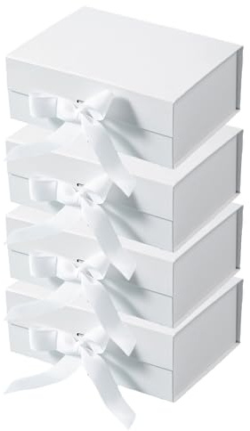 Magnetische Geschenkboxen mit Deckel, 26,2 x 19,1 x 8,1 cm, magnetisch, faltbar, Seidenband, Make-up-Kosmetikbox, wiederverwendbar, weiße Geschenkboxen, perfekt für Brautjungfern, 4 Stück