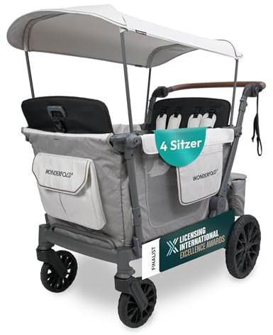 Wonderfold L4 Quad Stroller Wagon | Bollerwagen Faltbar Kinder für 4 Kinder mit 5-Punkt-Gurten, UV-Schutzdach & Stauraum | Geländetauglicher Bollerwagen mit seitlichem Einstieg