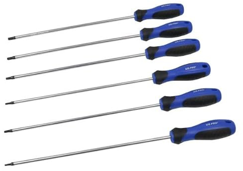 US PRO Long Tamper Torx Screwdriver Set, 6-Piece, T10-T30, 250mm Blade, Blue Comfort Grip