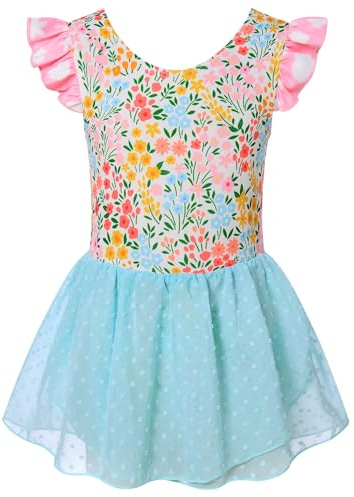 Funnycokid Ballet Leotard for Girls Dance Leotards with Skirt Toddler 4T Ruffle Sleeve Ballerina Outfit Size 4