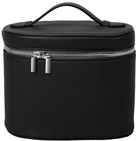 Fjquamitix Leather Makeup Case for Women–Travel Vanity Case with Removable Inner Pouch,Portable Make Up Bag for Suitcase and Cosmetic Storage (Black)