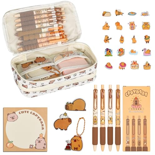Junrvivy Grazioso astuccio Capybara, grande con 9 scomparti, 22 × 13 × 7 cm, molto spazio per penne e accessori, con ciondolo, ago toracico, adesivi e blocco note, astuccio per studenti