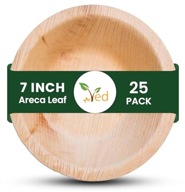 Ved 25 miljövänlig, biologiskt nedbrytbar, Areka bladskål, stor 20 cm (8 tum) 20 cm (650 ml), djupa runda engångsskålar, komposterbara, för sallad, fest.