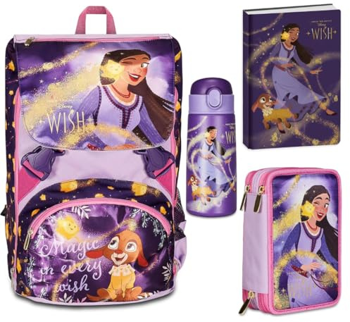 Seven Wish Set Scuola, Zaino Estensibile con Astuccio 3 Scomparti, Diario e Borraccia, Lilla e Rosa, Collezione Strong Heart Bright Spirit