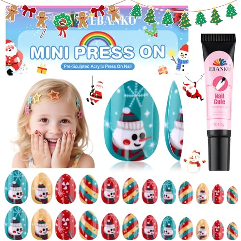 EBANKU Weihnachts-Kid-Press-on-Nägel, 24-teiliges Mandel-Kunstnagel-Set mit vollständiger Abdeckung, Weihnachtsdesign, zum Aufkleben, mit Nagelkleber für Mädchen